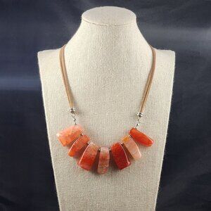 Boho Agate Carnelian Statement Necklace Leather Pink Orange Gemstone Jewelry 20"